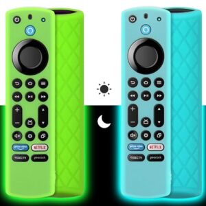 Pinowu Silicone Remote Case (2pcs) for Fire TV Stick 4K Max / 4K Max 2nd / Toshiba/Insignia/Pioneer/Omni Series Fire TV Alexa Voice Remote Enhanced w/Lanyard (Green and Turquoise, Both Glow)