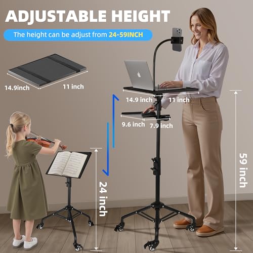 Projector Stand Tripod – 24 to 59 Inch Adjustable Height – Dual Shelves Laptop Tripod Stand with Moveable Wheels and Phone Holder, Portable Laptop Stand for Office, Stage & Outdoor Use - Image 4