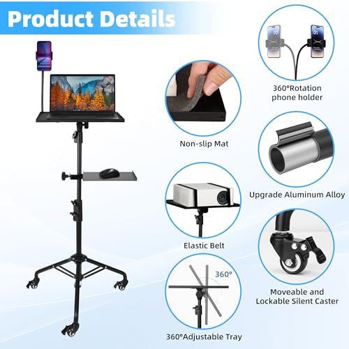 Projector Stand Tripod – 24 to 59 Inch Adjustable Height – Dual Shelves Laptop Tripod Stand with Moveable Wheels and Phone Holder, Portable Laptop Stand for Office, Stage & Outdoor Use - Image 5
