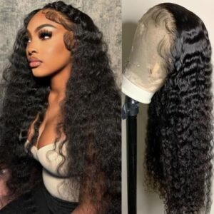 RENUS 13×4 Deep Wave Lace Front Wigs Human Hair 180% Density Kinky Curly Lace Front Wig Hd Transparent Lace Frontal Wigs Pre Plucked Bleached Knots with Baby Hair Wet and Wavy Natural Black 22 Inch