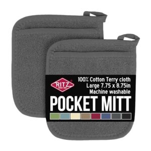 RITZ Terry Pocket Mitt & Hot Pad: Heat Resistant, Durable 100% Cotton – Ergonomically Designed for Optimal Grip, Easy-Care Machine Washable, Perfect for Your Kitchen – Graphite, 2-Pack