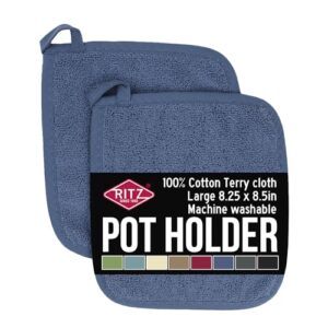 RITZ Terry Potholder & Hot Pad: Heat Resistant, Durable 100% Cotton – Ergonomically Designed for Optimal Grip, Easy-Care Machine Washable, Perfect for Your Kitchen – Federal Blue, 2-Pack