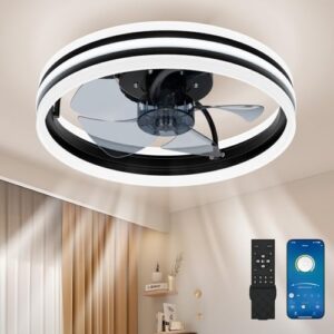 Ralbay Ceiling Fans with Lights and Remote, 16″ Modern Dimmable LED Black Ceiling Fan, 6 Wind Speeds Smart Low Profile Flush Mount Ceiling Fans for for Bedroom