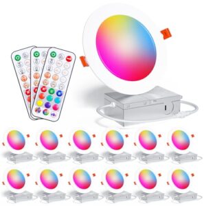 Recessed Lighting 4 Inch RGBCW Color Changing Canless LED Recessed Ceiling Light with Junction Box,12W 1080LM LED Downlight Dimmable by Remote Control, Memory, 3 Modes, Delayed Light Off, 12Pack