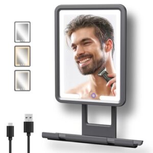 Rocollos Fogless Shower Mirror for Shaving, 3 Color LED Lighting Dimmable, Anti-Fog Heated Shaving Mirror, 360° Bathroom Mirror with Rechargeable 5000mAh Battery, Fogless Mirror Storage Shelf for Men