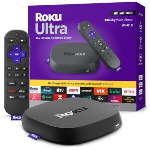 Roku Ultra – Ultimate Streaming Player – 4K Streaming Device for TV with HDR10+, Dolby Vision & Atmos – Bluetooth & Wi-Fi 6- Rechargeable Voice Remote Pro with Backlit Buttons – Free & Live TV