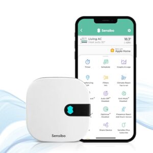 Sensibo Air – Smart Air Conditioner Controller. Apple HomeKit Certified. 60-Seconds Installation. Maintains Comfort and Energy Saving Features. Compatible with Google, Alexa, Apple HomeKit & Siri