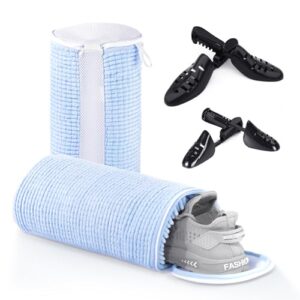 Shoe Washing Machine Bags, Reusable Laundry Bag for Washer and Dryer, Durable Fluffy Fiber Keep Clean, 2 Pairs Adjustable Trees for All Shoes, Blue