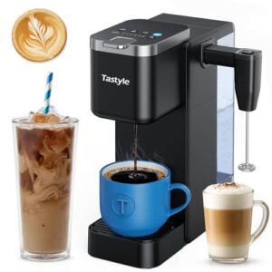 Single Serve Coffee Maker with Rechargeable & Detachable Milk Frother, Iced and Hot Coffee Machine for K Cup & Grounds, 40oz Removable Water Reservoir, 6 Cup Sizes, Fits 7.3″ Travel Mug, Black