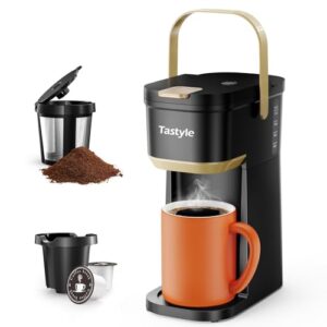 Single Serve One Cup Coffee Maker, for K Cups and Grounds, Mini Coffee Maker with Portable Handle, 6 to 12 Oz Brew Size, for Travel, Camping, Office, RV and Dorm, 120V, Black and Gold