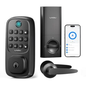 Smart Lock, LNDU Wi-Fi Keyless Entry Door Deadbolt Lock with HandleSet, Supports Fingerprint, Amazon Alexa, Google Assistant, App Control, Auto-Lock, One-Time Code, Anti-Peeking Password
