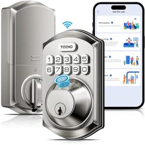 TEEHO WiFi Smart Lock TE012W, Fingerprint Door Lock with Built-in Wi-Fi, Keyless Entry Keypad Smart Deadbolt, App Remote Control, Alexa Compatible, IP55 Waterproof for Front Door – Satin Nickel