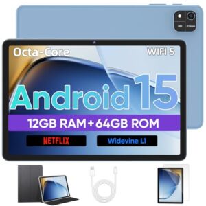 Tablet, 10 inch Android 15 Tablet with Octa-Core Processor, 12GB RAM 64GB ROM 2TB Expand, 1280×800 HD Touchscreen, GPS, WiFi 5, Dual Camera, BT5.0, 6000mAh, Widevine L1 (Blue)