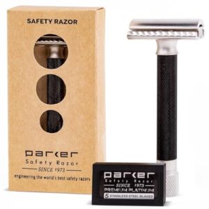 The Parker Variant Adjustable Double Edge Safety Razor, Customize your Shave with a Turn of the Dial from Mild to Aggressive – 5 Blades Included (GRAPHITE GRAY)