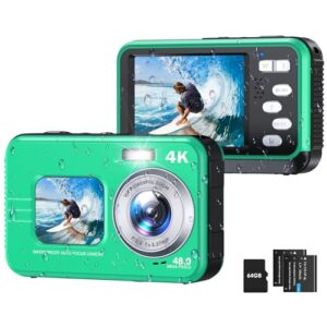 Underwater Camera, Selfie Dual Screens 4K 48MP 11FT Autofocus Waterproof Digital Camera for Snorkeling,16X Zoom, 64GB Card, 2 Batteries, Fill Light (Green)