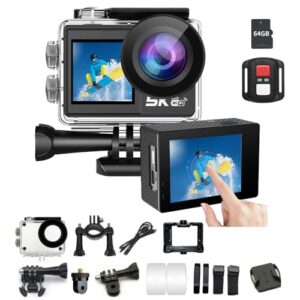 Upgraded Action Camera with Touch Screen, 5K30FPS 50MP Dual Screens, Underwater Waterproof Camera with Remote Control EIS WiFi 5X Zoom, Include 64GB Card