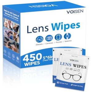 VOISEN Lens Wipes for Eyeglasses,450 Pack Eye Glasses Cleaner Wipes,Pre-Moistened Individually Wrapped Lens Wipe,Non-Scratching Non-Streaking,Safe for Eyeglasses, Goggles, Camera Lens, Phone