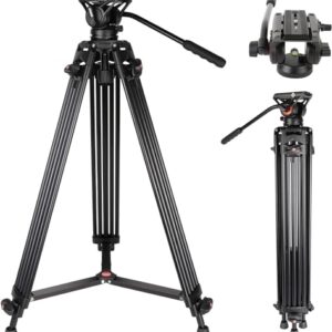 Video Tripod, COMAN 74″ Professional Heavy Duty Camera Tripods with Quick Release Plate and 360° Fluid Head, Tall Travel Tripod Stand for DSLR, Camcorder, Aluminum Twin Tube Leg, Max Load:17.6lbs/8Kg