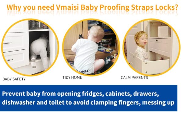 Vmaisi Baby Proofing Cabinet Locks - Childproofing Adjustable Multi Use Straps Latches for Drawers, Fridge, Dishwasher, Toilet Seat, Cupboard, Closet, Oven,Trash Can, Adhesive No Drilling (White) (4) - Image 6
