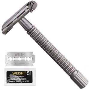 WEISHI Butterfly Open Double Edge Safety Razor for Men, Nostalgic Long Handle with 5 Stainless Razor Blades, Reusable Wet Shave Tool for Smooth, Close Shave