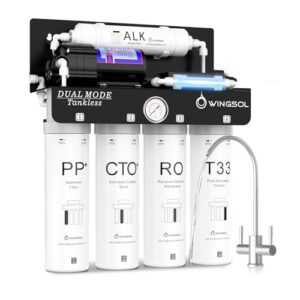 WINGSOL Dual Mode Alkaline UV Reverse Osmosis Water Filter, Tankless RO System Near 0 TDS, pH+ 6 Stage Filtration Under Sink 400 GPD, NSF/ANSI 58, Built-in Pump, 1.5:1 Pure to Drain