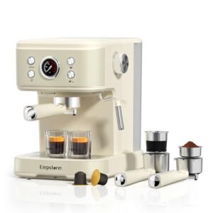 White Espresso Machine with Milk Frother, Cappuccino Machines for Home, Coffee Espresso Machine Suitable for Coffee Powder/NS Original Capsules, Espresso Maker with Thermometer