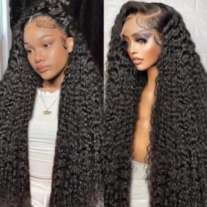 Wingirl 13×6 Deep Wave Lace Front Wigs Human Hair Pre Plucked 180 Density HD Lace Frontal Wigs with Baby Hair for Women 26inch Glueless Natural Black Color