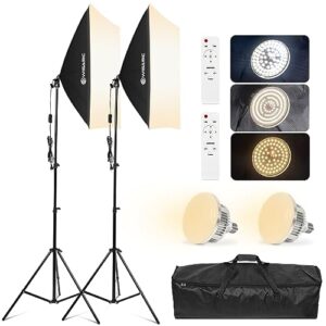 Wisamic Softbox Lighting Kit, 20″ x 28″ Professional Photography Lighting with 85W 3000K-6000K LED Bulb & Remote, 3-Color Dimmable Continuous Light for Video Recording, Portraits, Product Shooting