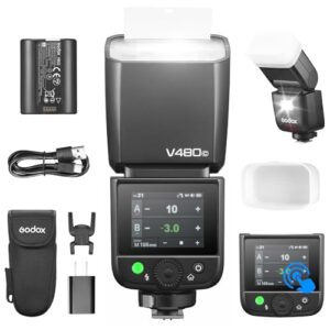godox V480-C Flash for Canon Camera with Diffuser Touchscreen 10-Level Modeling Lamp TTL on Camera Flash 7.2 V/2200 mAh Rechargeable Battery GN50 1/8000 s High-Speed Sync 650 Full-Power Flashes