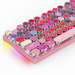 HUO JI Mechanical Gaming Keyboard Typewriter Style with RGB Side Lit and Rainbow Backlit, Retro Style, Blue Switches – Clicky, Metal Panel, Lipstick 104 Keys USB Wired for Mac, PC, Cute Pink