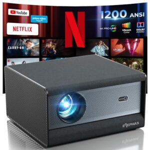 [1200 ANSI/Netflix-Licensed/30W Dolby Audio] ELEPHAS Smart 4K Projector with WiFi and Bluetooth, Dust-Proof Sealed UHD Video Projector, Auto Focus/Keystone, Portable Home Theater for Indoor/Outdoor