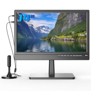 14 inch Flat Screen Kitchen TV, RV, Camping, Outdoor, Small, ATSC Tuner, USB, HDMI, AV, VGA, Built-in TV Stand, Remote Control, for Bedroom, Office
