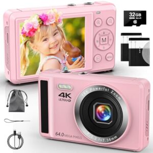 16X Digital Camera – 4K 64MP Point and Shoot Camara with Autofocus, 2.4” Display Digital Camara with Batteries & 32GB SD Card for Teens & Students