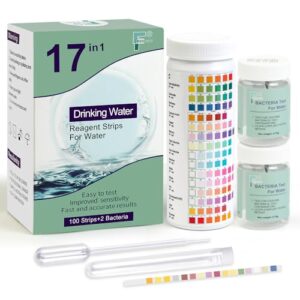 17 in 1 Drinking Water Test Kit – 100 Strips for Tap & Well Water Quality Test – pH, Hardness, Iron, Free Chlorine, E. coli + 2 Bottles