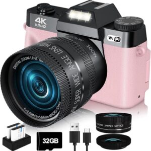 2024 Upgrade VJIANGER Digital Camera for Photography Vlogging Camera for YouTube with WiFi, 180° Flip Screen, 16X Digital Zoom, 52mm Lens, 2 Batteries, 32GB Micro SD Card(Pink)