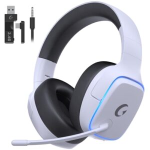 2.4GHz Wireless Gaming Headsets for PS5, PS4, PC, Switch – Bluetooth 5.3 Gaming Headphones with Noise Canceling Mic, 7.1 Surround Sound, 70H Battery, Blue Lighting – White