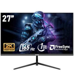 27 inch 2K QHD(2560×1440) PC Screen, 165Hz Gaming Monitor, 1ms Without Bezel, FreeSync,98% sRGB, 178° Wide Viewing Angle, HDMI2.0、DisplayPort, 75 * 75MM Wall Mount Compatible – Black