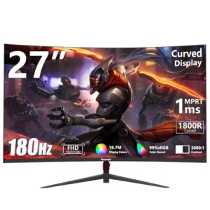 27 inch Curved Gaming Monitor 180Hz Full HD 1080P 1800R LED Computer Monitor Display with FreeSync & Eye-Care Technology, Support VESA, DP, HDMI Port IPS Screen for Gaming Home Office