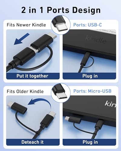 2in1 Tablet Charger Cord Replacement for All Amazons Kindle Fire HD 6 7 8 10, Kids E-Reader, Oasis Paperwhite, TV Stick, Android Micro USB Charging Cable with Type C Adapter - Image 3