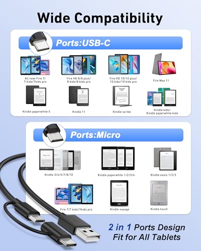 2in1 Tablet Charger Cord Replacement for All Amazons Kindle Fire HD 6 7 8 10, Kids E-Reader, Oasis Paperwhite, TV Stick, Android Micro USB Charging Cable with Type C Adapter - Image 7