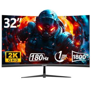 32 Inch Curved Gaming Monitor, 180Hz 1500R QHD (2560×1440) 2K Computer Monitor with FreeSync, DisplayPort, HDMI, Wall Mountable, Eye Care for Home Office & Gaming