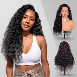 32 Inch Deep Wave Lace Front Wigs Human Hair, 13×6 HD Wet and Wavy Lace Front Wigs, Curly Human Hair Wig, 180 Density Deep Wave Wig, Pre Plucked & Glueless, Natural Color