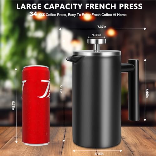 34 OZ Large French Press, Premium Stainless Steel Sturdy Insulated French Press Coffee Maker, 4-8 Cups French Coffee Press, Tea Presses for Home Kitchen Caming Loose Tea, Elegant Black - Image 3