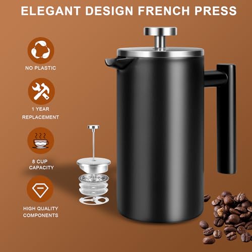 34 OZ Large French Press, Premium Stainless Steel Sturdy Insulated French Press Coffee Maker, 4-8 Cups French Coffee Press, Tea Presses for Home Kitchen Caming Loose Tea, Elegant Black - Image 4