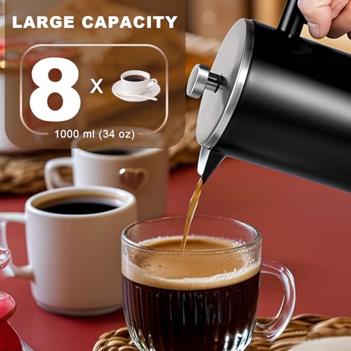 34 OZ Large French Press, Premium Stainless Steel Sturdy Insulated French Press Coffee Maker, 4-8 Cups French Coffee Press, Tea Presses for Home Kitchen Caming Loose Tea, Elegant Black - Image 5