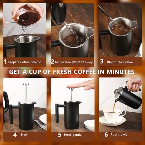 34 OZ Large French Press, Premium Stainless Steel Sturdy Insulated French Press Coffee Maker, 4-8 Cups French Coffee Press, Tea Presses for Home Kitchen Caming Loose Tea, Elegant Black - Image 7