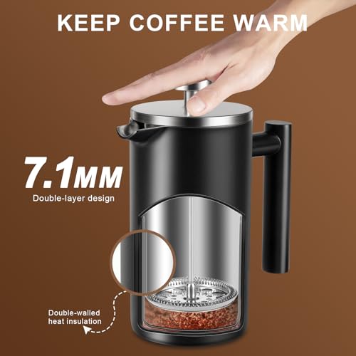 34 OZ Large French Press, Premium Stainless Steel Sturdy Insulated French Press Coffee Maker, 4-8 Cups French Coffee Press, Tea Presses for Home Kitchen Caming Loose Tea, Elegant Black - Image 8