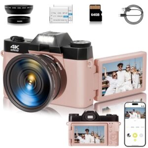 4K Digital Camera for Photography, 56MP Vlogging Video WiFi Camera for YouTube with 3” 180°Flip Screen, 64GB SD Card, 16x Digital Zoom, 2 Batteries, Point Shoot Compact Travel Vintage Cameras(Pink)