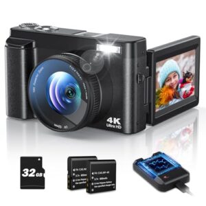 4K Digital Camera for Photography Autofocus, 48MP Vlogging With Flash Anti-Shake, 3” 180 Flip Screen Compact Travel 16X Zoom for Teens With 32G Card, Battery Charger