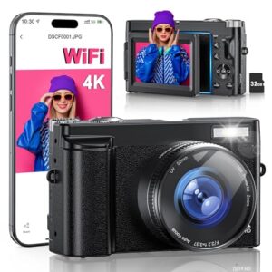 4K Digital Camera for Photography, WiFi 64MP 180° Flip Screen 3″ Autofocus Vlogging Camera for YouTube, 16X Zoom Compact Point and Shoot Cameras for Beginner with 32GB Card, 2 Batteries